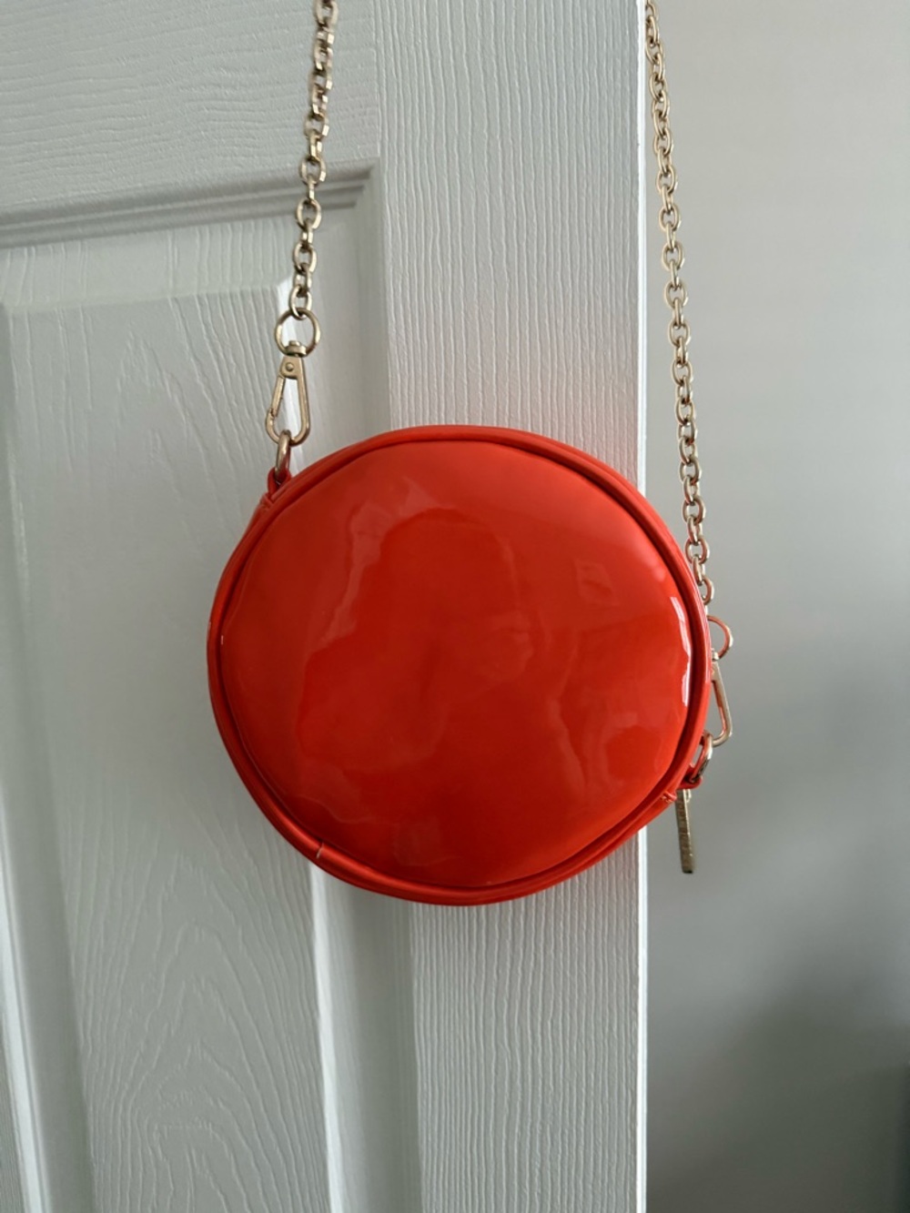 Tory Burch Orange Patent Round Crossbody with Gold Chain